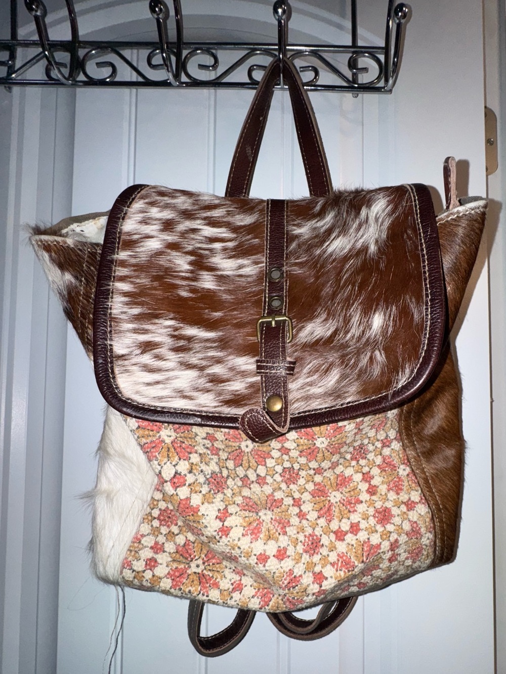 Myra Bag Brown & White Cowhide Floral Canvas Backpack